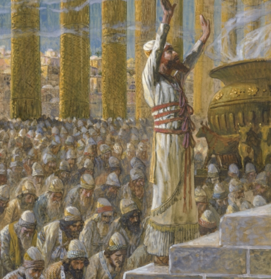 Solomon standing facing Temple with hands raised